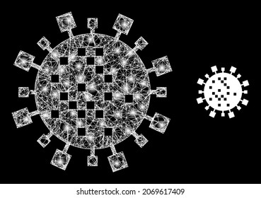 Shiny network digital virus cell with lightspots. Linear frame flat mesh generated from intersected white lines and digital virus cell icon.