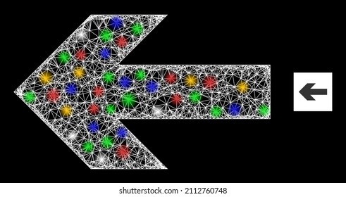 Shiny network left arrow direction with multi colored glowing spots. Illuminated vector carcass created from left arrow direction symbol. Sparkle carcass mesh left arrow direction,