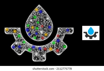 Shiny network plumbing industry with multicolored light spots. Illuminated vector mesh created from plumbing industry icon. Sparkle constellation mesh plumbing industry, on a black backgound.