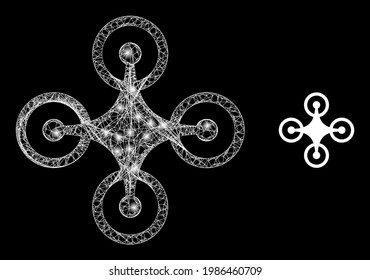Shiny network quadrocopter with light spots. Linear frame flat network generated with intersected white lines and quadrocopter icon.