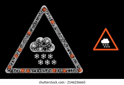 Shiny network snow weather warning with glowing spots. Wire carcass 2D mesh generated from crossed white lines and snow weather warning icon.