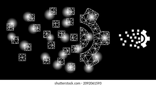 Shiny Netzwerk Synthese Zahnrad-Symbol mit beleuchteten Flecken. Die nachleuchtende Konstellation erfolgt mithilfe des Synthesegrad-Vektorsymbol. Illuminierte Rahmen-Web-Polygonsynthese-Ausrüstung, auf schwarzem Hintergrund.