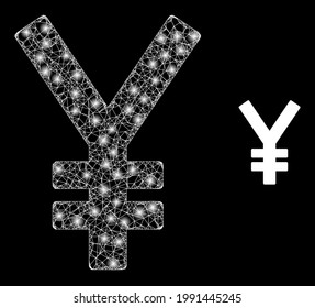 Shiny network yen with light spots. Wire frame 2D network generated with intersected white lines and yen icon. White mesh and sparkle frame mesh yen on a black background.