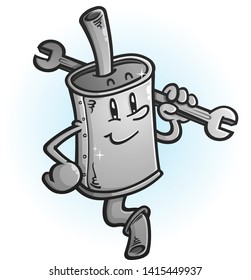 A shiny new muffler cartoon character mechanic holding a large wrench 