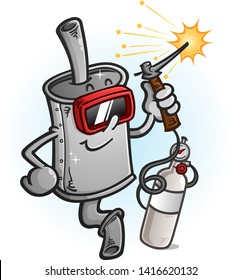 A shiny new muffler cartoon mascot wearing safety gear and using a welding torch with a gas tank with sparks flying everywhere