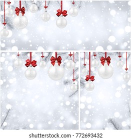 Shiny New Year backgrounds set with fir branches and white Christmas balls. Vector illustration.
