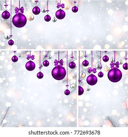 Brillantes antecedentes de Año Nuevo con ramas de abetos y bolas de Navidad moradas. Ilustración vectorial.