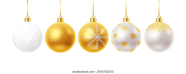 Shiny New Year baubles golden decor realistic color icons set. Hanging Christmas tree ornaments 3d objects illustrations on white background