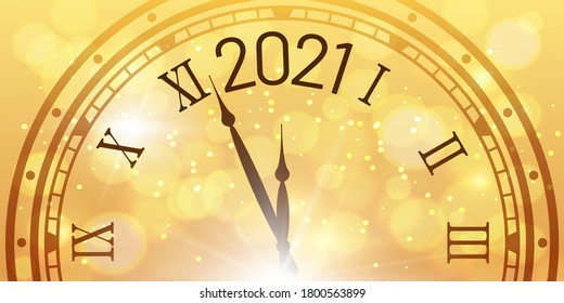 Shiny-New-Year-Poster. 2021 Feier, Uhr Countdown mit goldenen Bokeh-Elementen. Luxus Design für Weihnachtsurlaub Grußkarte. Antike Uhr mit Nachtparty, Vektorgrafik