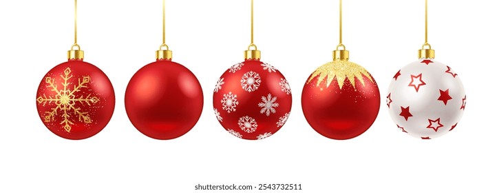 Shiny New Year red and white balls with golden decor realistic color icons set. Hanging Christmas tree ornaments 3d objects illustrations on white background