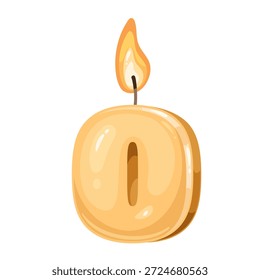 Vela número cero brillante con llama cálida en estilo de dibujos animados simple, forma redondeada suave y detalle brillante. Ilustración vectorial de decoración de cumpleaños, sentimiento de celebración y momento festivo.
