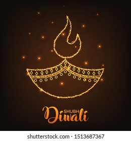 Shiny Oil Lamp illustration for Shubh Dipawali celebration with golden bg