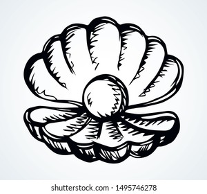 Shiny old elegant pecten perl in nacre snail on light paper backdrop text space. Freehand outline black ink pen hand drawn abstract emblem design in retro art doodle engrave print style. Close up view