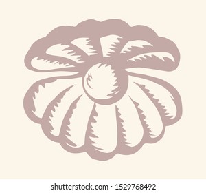 Shiny old elegant pecten perl in nacre snail on light paper backdrop text space. Freehand outline black ink pen hand drawn abstract emblem design in retro art doodle engrave print style. Close up view