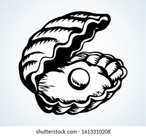 Shiny old elegant pecten perl in nacre snail on light paper backdrop text space. Freehand outline black ink pen hand drawn abstract emblem design in retro art doodle engrave print style. Close up view