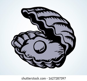 Shiny old elegant pecten perl in nacre snail on light paper backdrop text space. Freehand outline black ink pen hand drawn abstract emblem design in retro art doodle engrave print style. Close up view