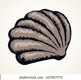 Shiny old elegant pecten perl in nacre snail on light paper backdrop text space. Freehand outline black ink pen hand drawn abstract emblem design in retro art doodle engrave print style. Close up view