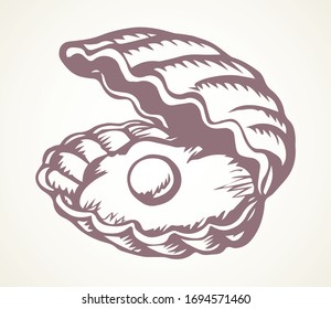 Shiny old elegant pecten perl in nacre snail on light paper backdrop text space. Freehand outline black ink pen hand drawn abstract emblem design in retro art doodle engrave print style. Close up view