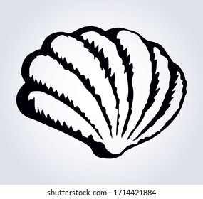 Shiny old elegant pecten perl in nacre snail on light paper backdrop text space. Freehand outline black ink pen hand drawn abstract emblem design in retro art doodle engrave print style. Close up view