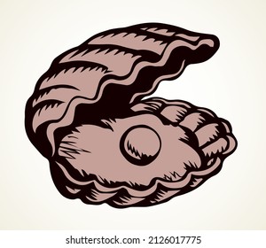 Shiny old elegant pecten perl in nacre snail on light paper backdrop text space. Freehand outline black ink pen hand drawn abstract emblem design in retro art doodle engrave print style. Close up view