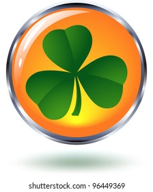 Shiny Orange Button with Shamrock. Vector