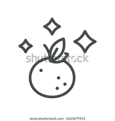 Shiny Orange Icon. Simple Line Illustration of Sparkling Citrus with Leaf, Representing Bright Freshness, Clean Produce, and Premium Quality.