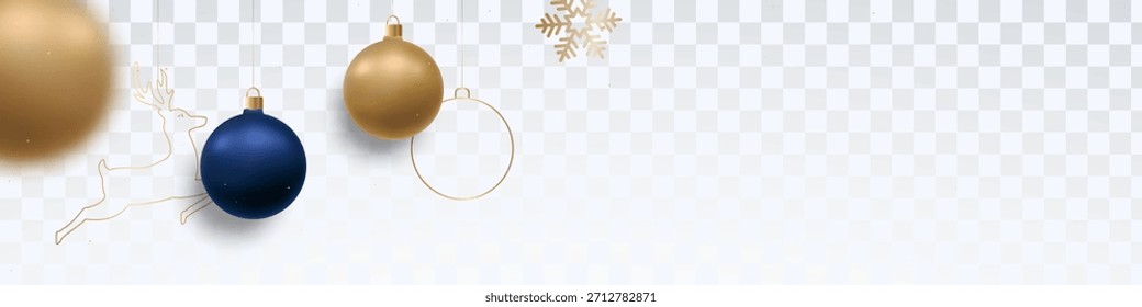 Shiny ornaments in gold, blue, create festive holiday atmosphere. Design poster shopping store, shop discount banner.
