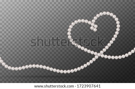 Shiny oyster pearls for luxury accessories. Pearl necklace thread of pearls. Realistic white pearls isolated on background. Beautiful natural heart shaped jewelry. Chains of pearls forming an ornament