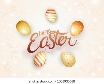Shiny painted eggs with text Happy Easter. 