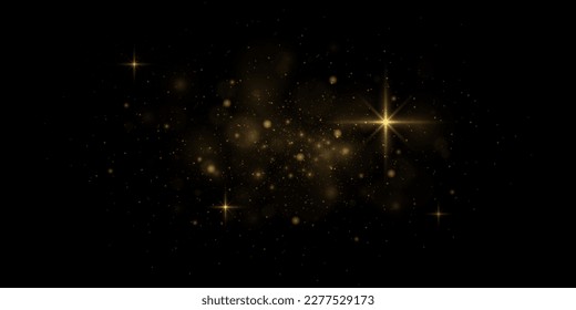 Efecto de partícula brillante. El vector brilla sobre un fondo negro. efecto de luz navideña. Partículas de polvo mágico brillante. Las chispas de polvo y las estrellas brillan con una luz especial.