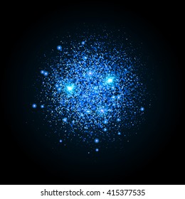 Shiny particles shape. Sparkling background. Stardust explosion on black background. Vector festive illustration.