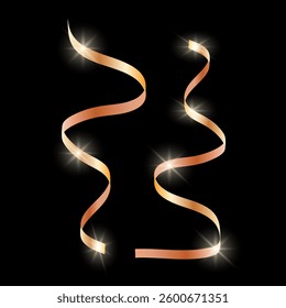 Shiny party ribbons. Two metallic curling ribbons with glowing light reflections on a black background. Celebration, decoration, festive event, and holiday ornament