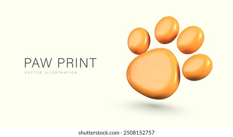 Shiny paw print in 3D style. Vector color template on yellow background