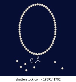 Shiny pearl frame with thread of white pearls. Vector border background for wedding, invitations, greeting cards, anniversary or banners. Luxury oval oyster pearl necklace. Beautiful natural chain.