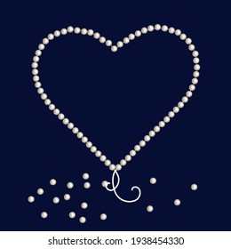 Shiny pearl heart shaped frame with thread of white pearls. Border decoration background for wedding, invitations, greeting cards, anniversary or banners. Luxury pearl necklace vector illustration.