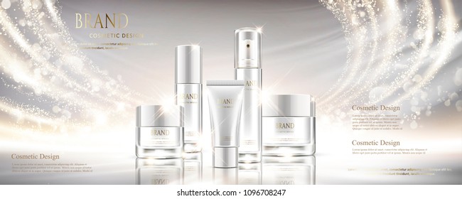 Shiny pearl white cosmetic set in 3d illustration with different containers