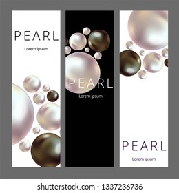 Shiny pearls frame on background. Realistic white and black pearls.