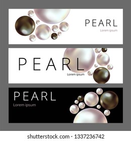 Shiny pearls frame on background. Realistic white and black pearls.