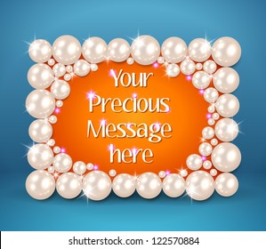 Shiny pearls frame on blue background - vector illustration.
