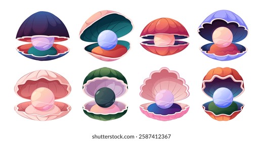 Shiny pearls in open oysters collection. Vector isolated beautiful nacre in tropical shell. Underwater creatures, ocean and sea dwellers. Environment of underwater life. Animals for aquarium