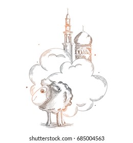 Shiny Pencil Sketch Of Sheep And Mosque On White Background For Islamic Festival Of Sacrifice, Eid-Al-Adha Celebration.