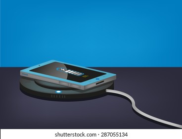 Shiny Phone on a Wireless Charge Blue Background. Editable Clip art.