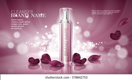 Shiny pink background with moisturizing cosmetic premium products