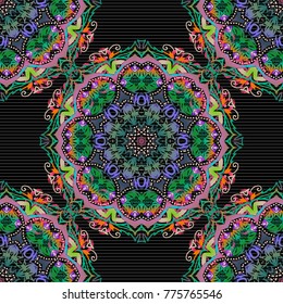 Shiny pink, blue and green backdrop. Vector illustration. Polka dots, confetti. Seamless pattern with bstract geometric modern elements on black background. Art deco style.