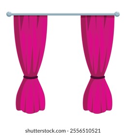 Shiny pink curtains tied with black rope, hanging on a metal rod, separated in the middle