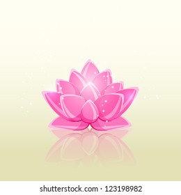 Shiny Pink Flower with Reflection in Water. Lotus Vector Illustration.