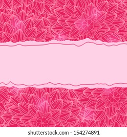 Shiny Pink Flowers Background with Line Band and Blank Label at Greeting Card. Vector Illustration with Place for Text