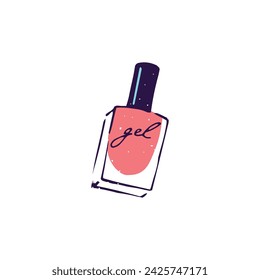 Shiny pink gel for manicure, pedicure. Glossy nail polish in glass jar. Beauty product, decorative cosmetics, makeup accessory for fingernails. Flat isolated vector illustration on white background