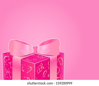 Shiny Pink Gift Box with Bow and Copy Space. Christmas Invitation Card. Vector New Year Background.