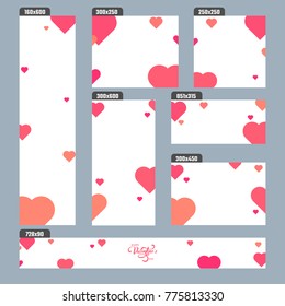 Shiny pink hearts decorated white background social media banners for Valentines Day celebration.